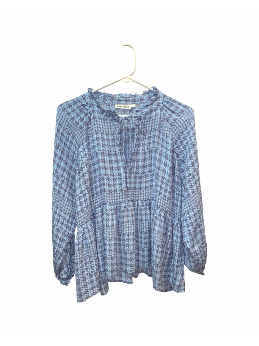 Roller Rabbit Top M Blue Gray Muted Houndstooth Print Tie Detail Long Sleeve